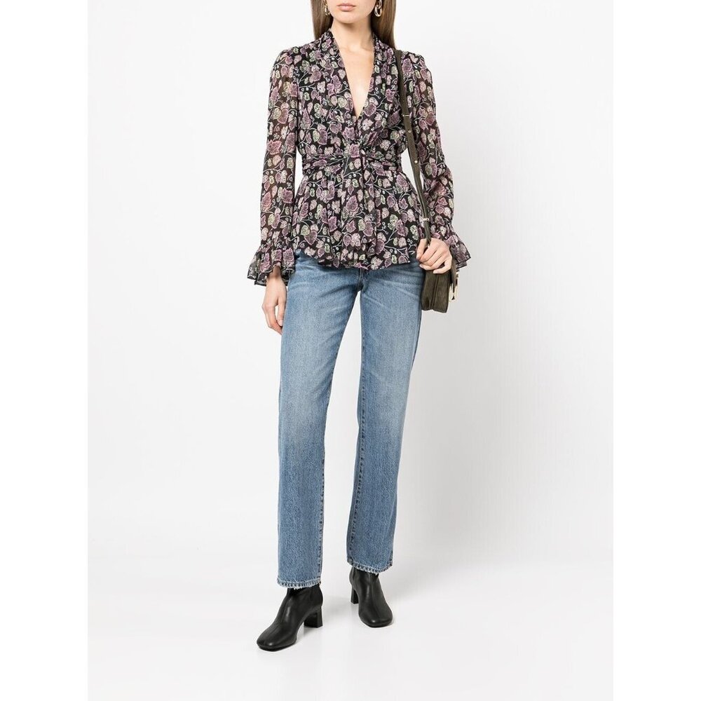cinq a sept Black Floral Wrap Blouse with Pink & Green Accents